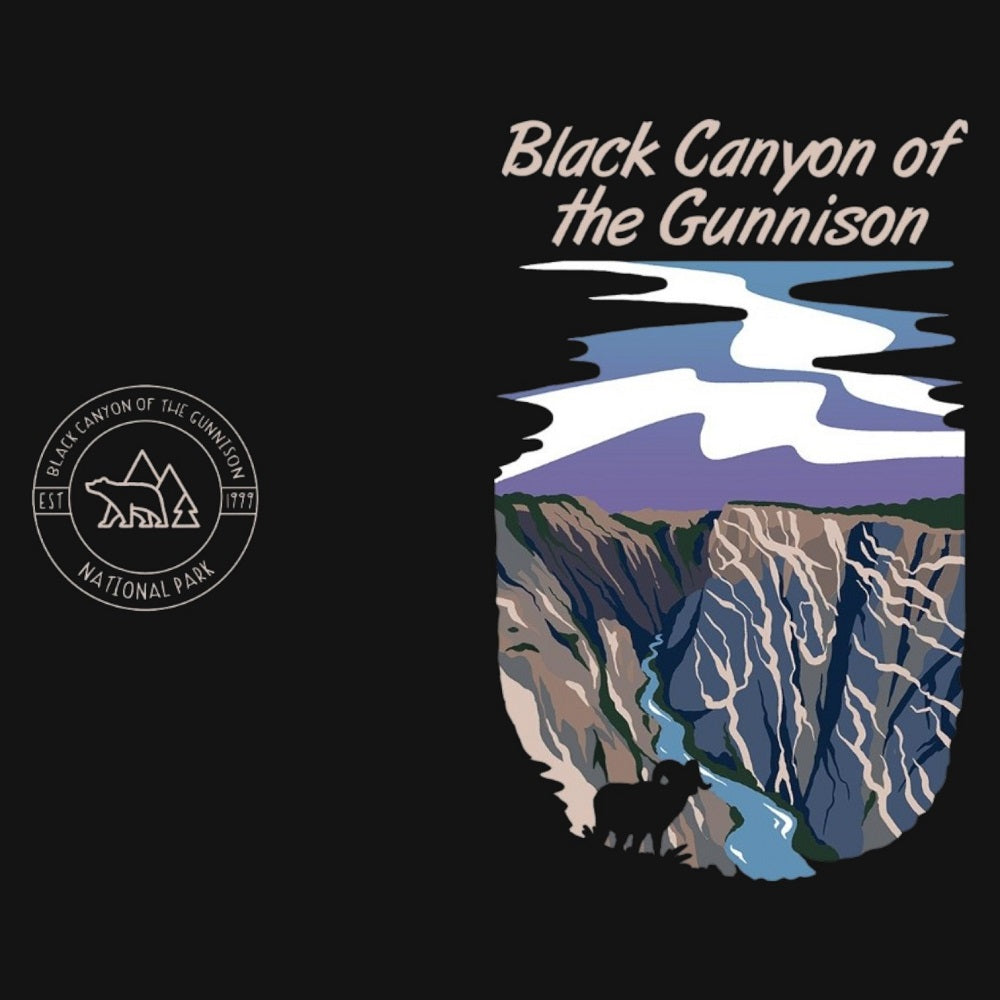 Black Canyon of the Gunnison National Park logo with mountain and river illustration on a black background.
