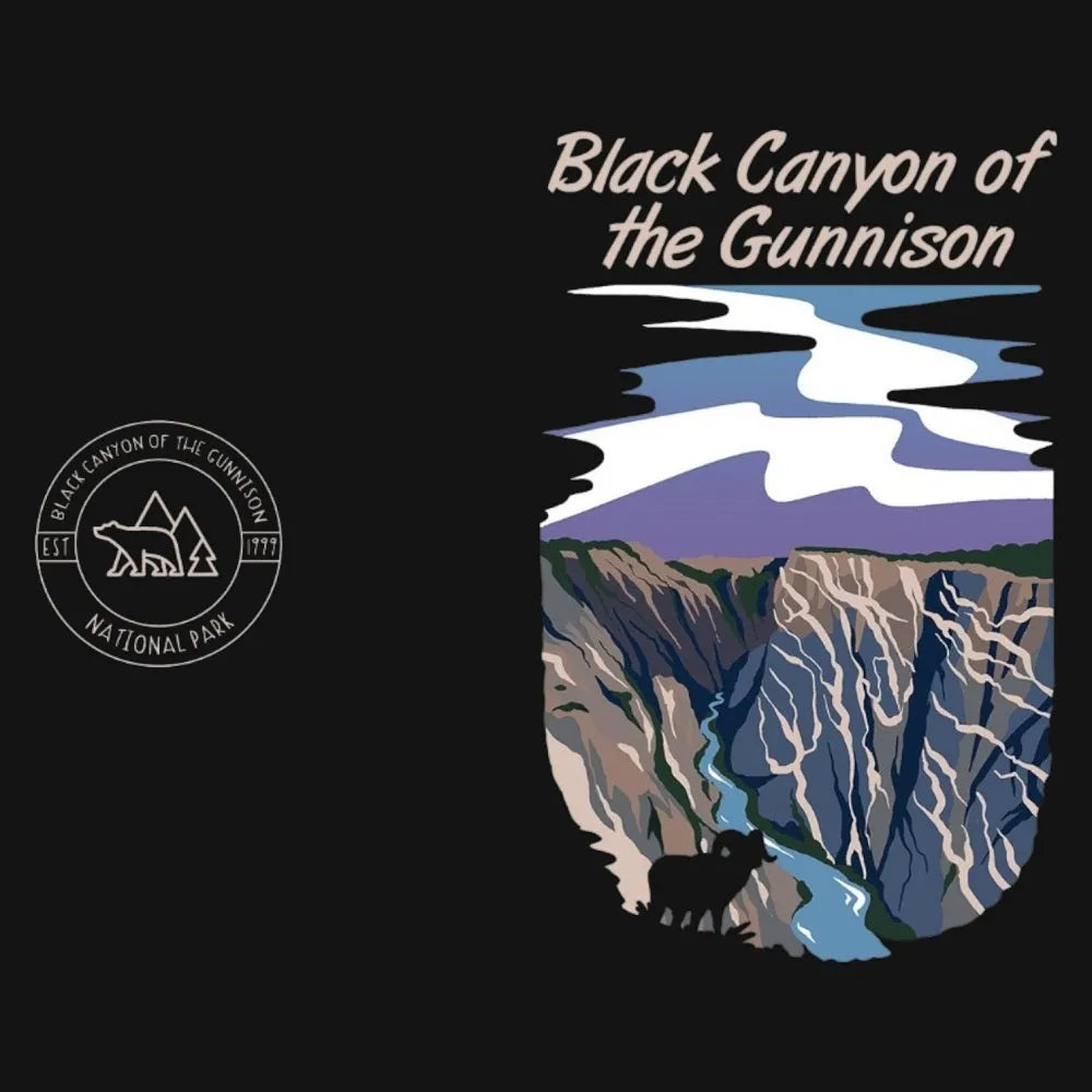 Black Canyon of the Gunnison National Park logo with mountain and river illustration on a black background.