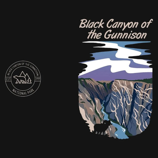Black Canyon of the Gunnison National Park logo with mountain and river illustration on a black background.
