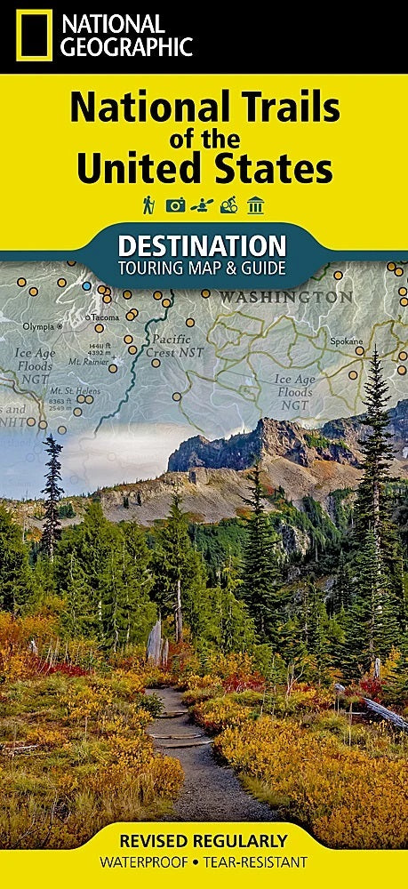 National Geographic map and guide of National Trails of the United States with a scenic mountain landscape.