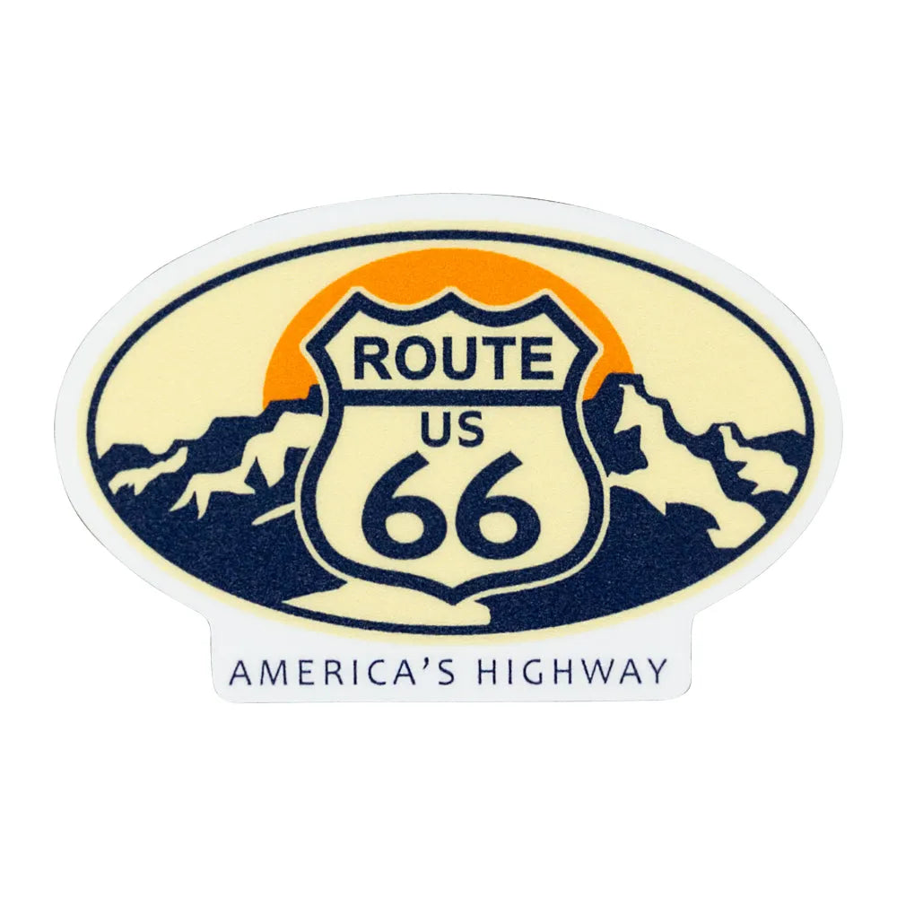 Route 66 sticker with mountains and sunset with the text 'America's Highway' on a white background