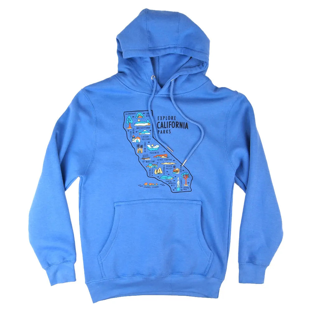 Blue hoodie with California map design on a white background