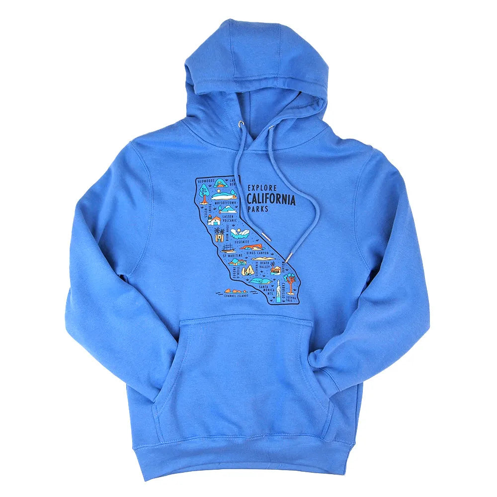 Blue hoodie with California parks map design on a white background