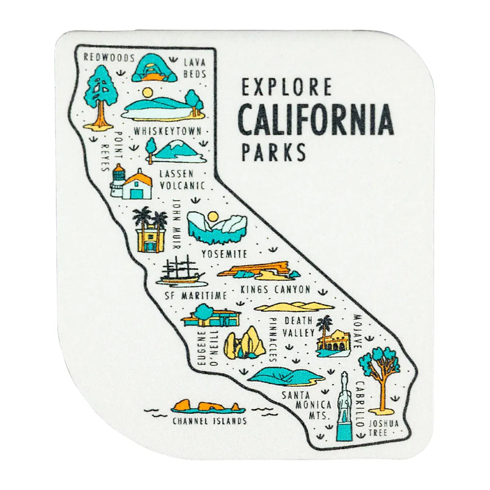 Map of California with icons representing various parks and a 'Explore California Parks' text.