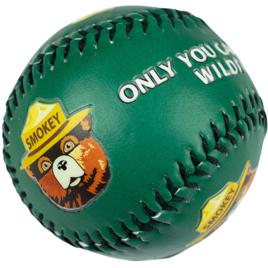A green baseball with black stitching, featuring the Smokey Bear logo.