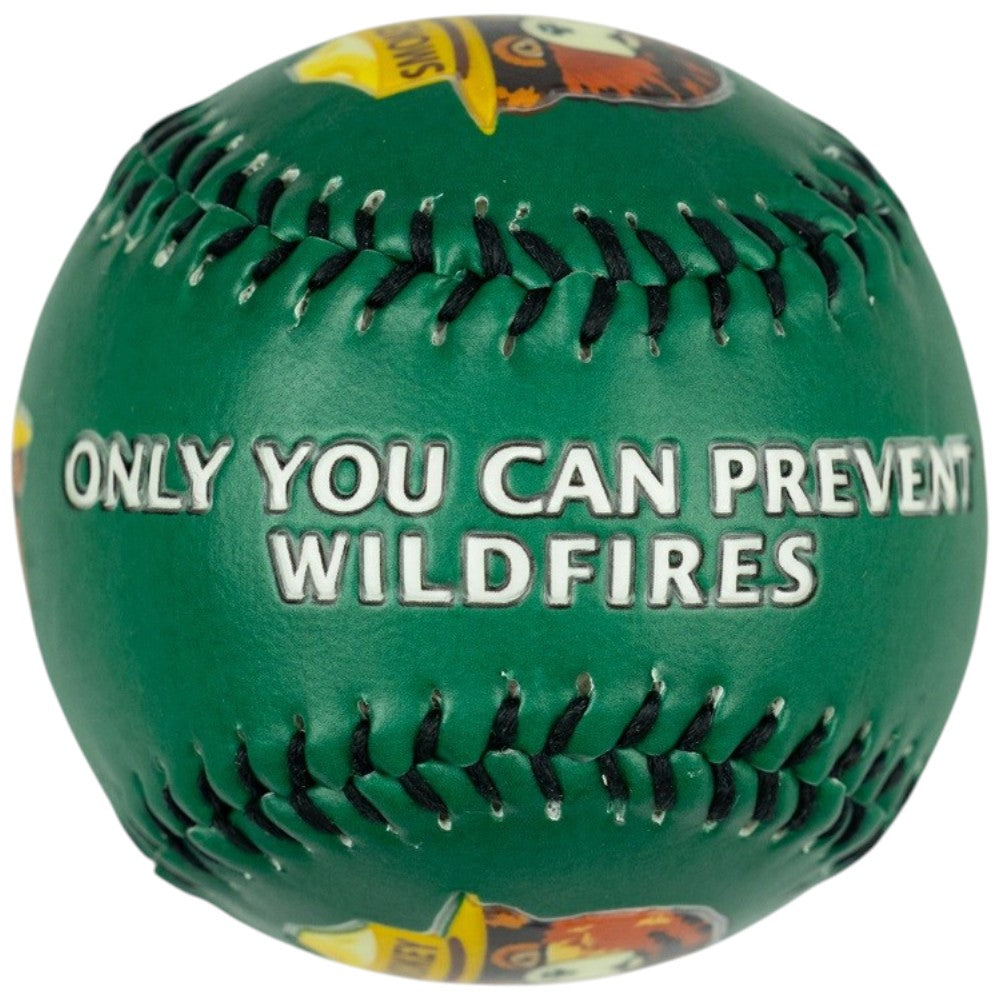 A green baseball-style ball with black stitched seams and bold white text reading &