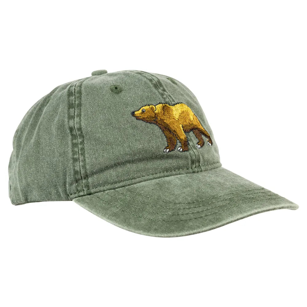 Green cotton cap with embroidered grizzly bear on cap face quarter turn left