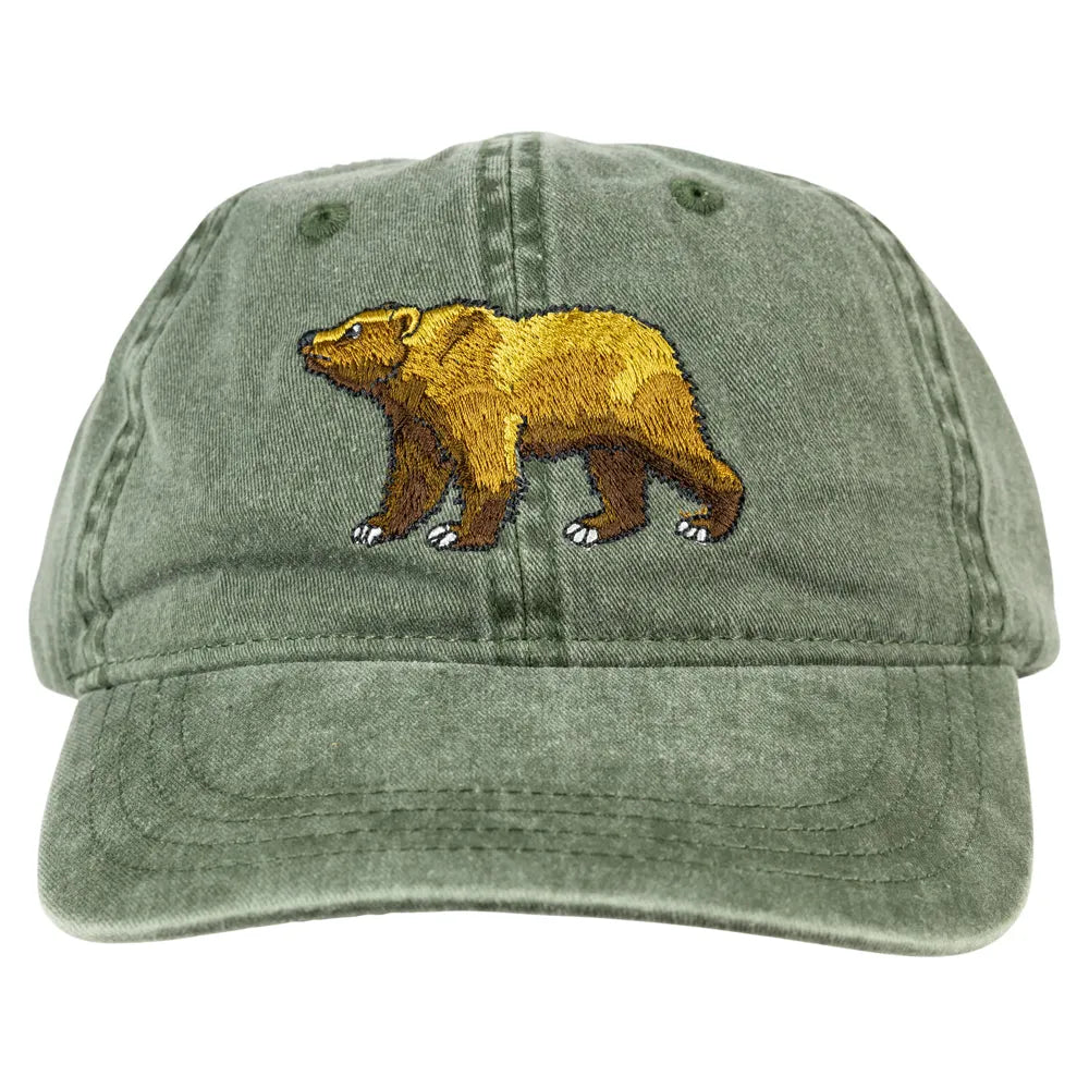 Green cotton cap with embroidered grizzly bear on cap face front view