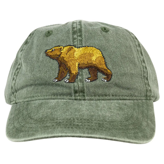Green cotton cap with embroidered grizzly bear on cap face front view