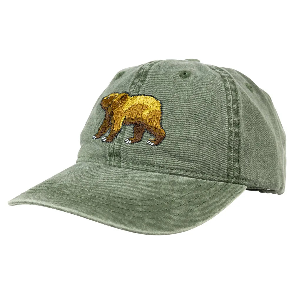 Green cotton cap with embroidered grizzly bear on cap face quarter turn right