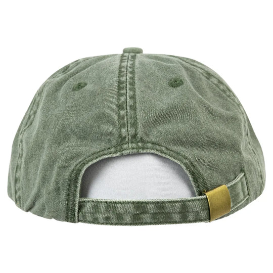 Green cotton cap back view showing strap and buckle closure