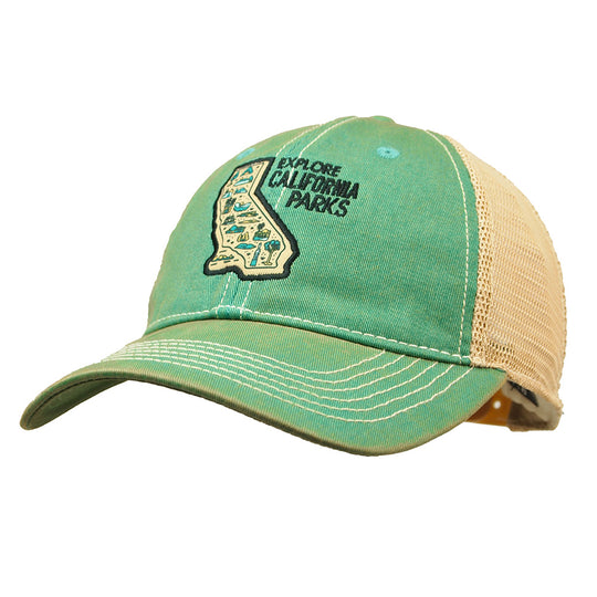 Green and beige cap with 'Explore California Parks' design on a white background
