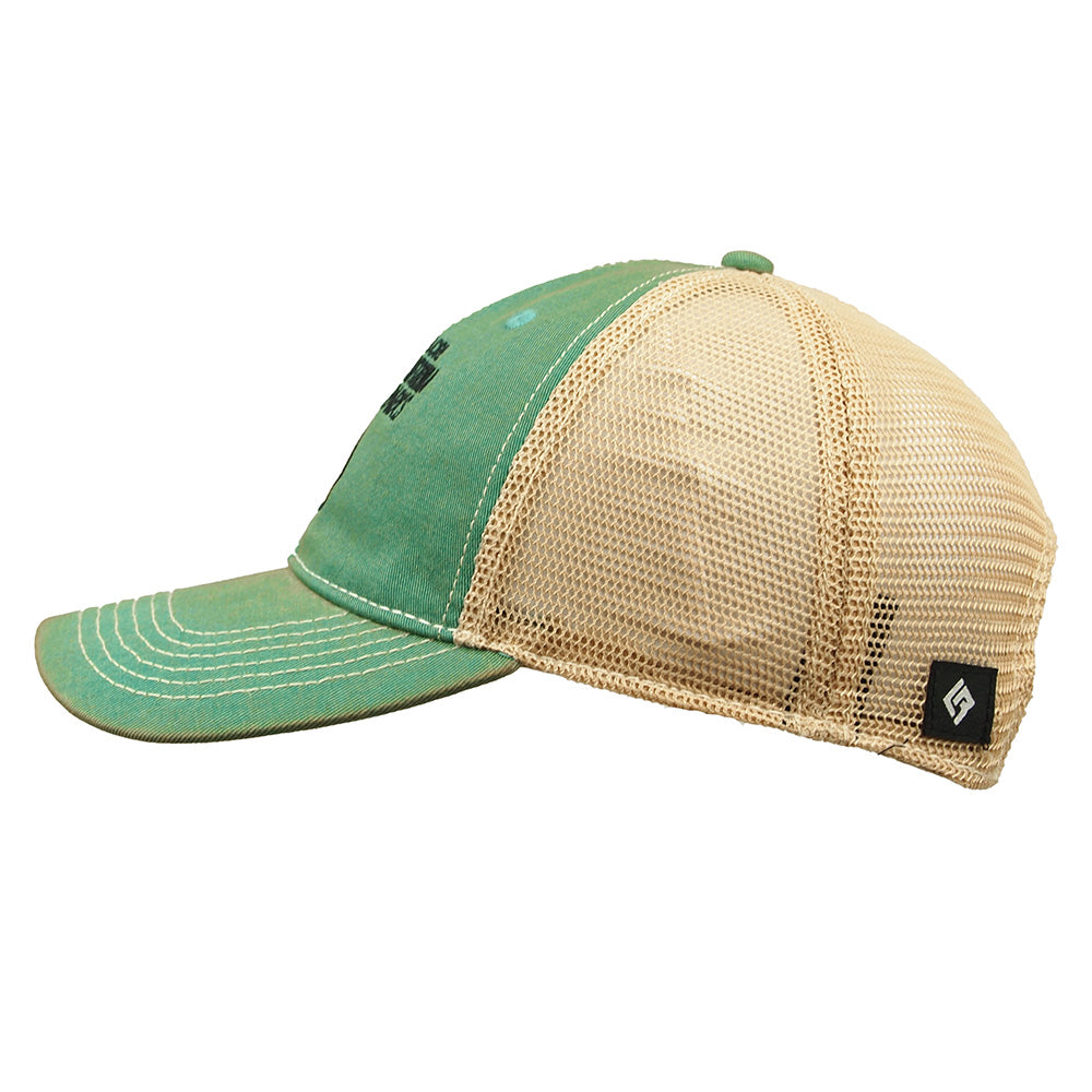 Green and beige baseball cap with mesh back on a white background