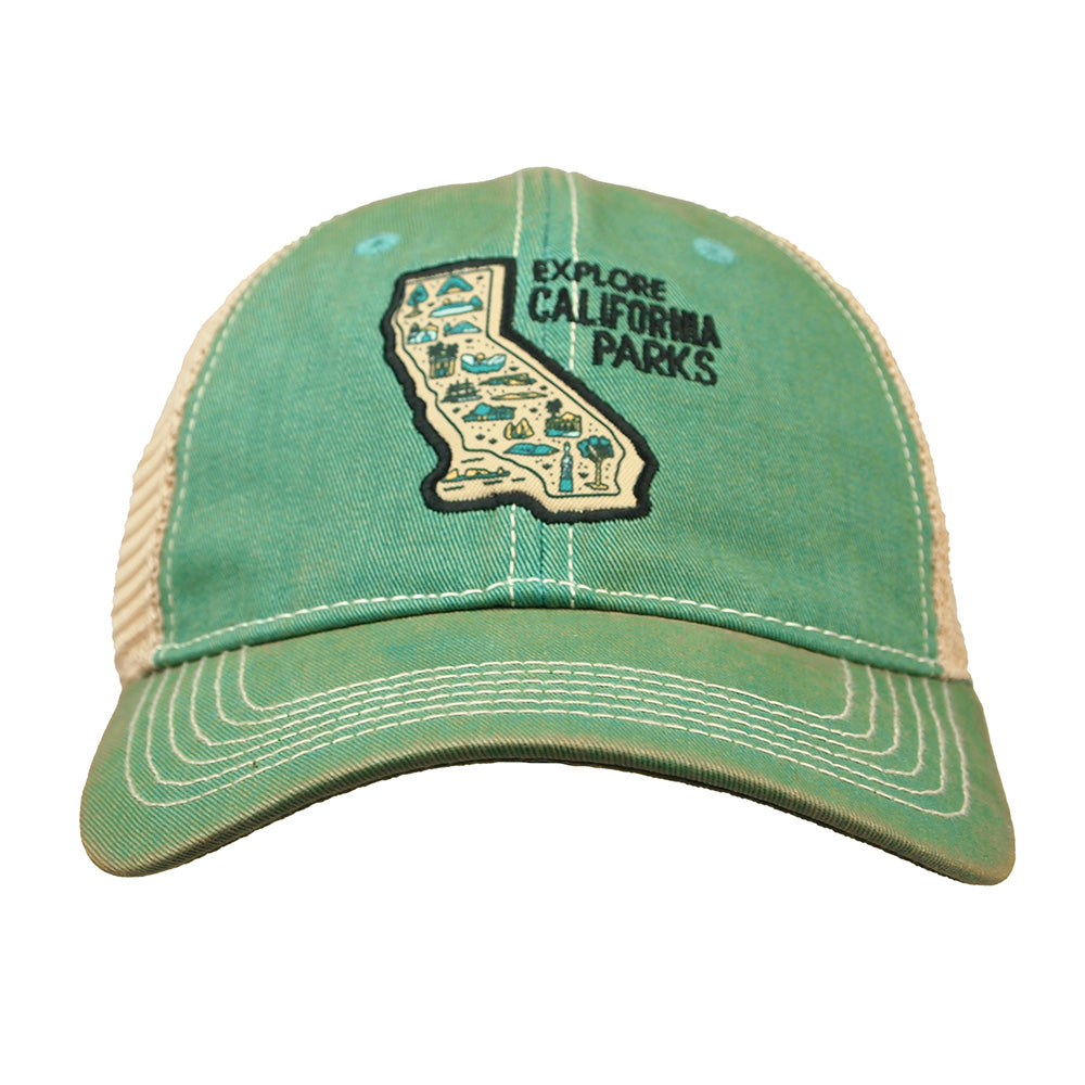 Green cap with 'Explore California Parks' design on a white background