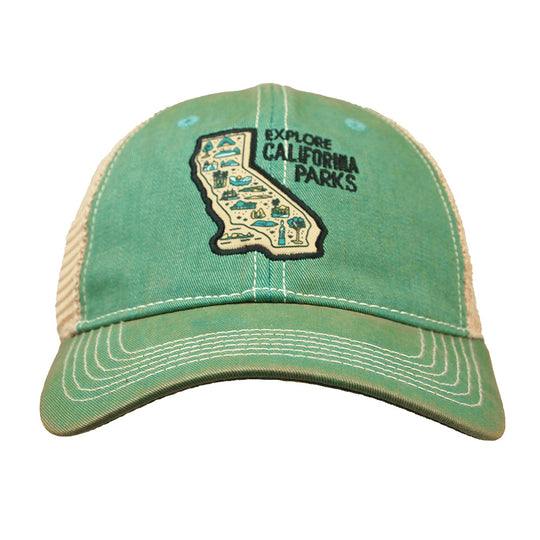 Green cap with 'Explore California Parks' design on a white background