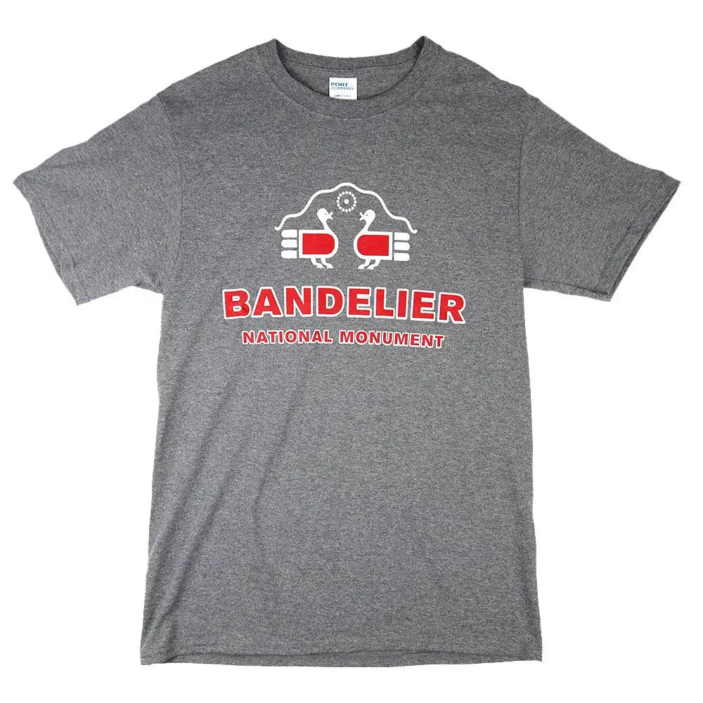 Gray t-shirt with Bandelier National Monument logo on a white background
