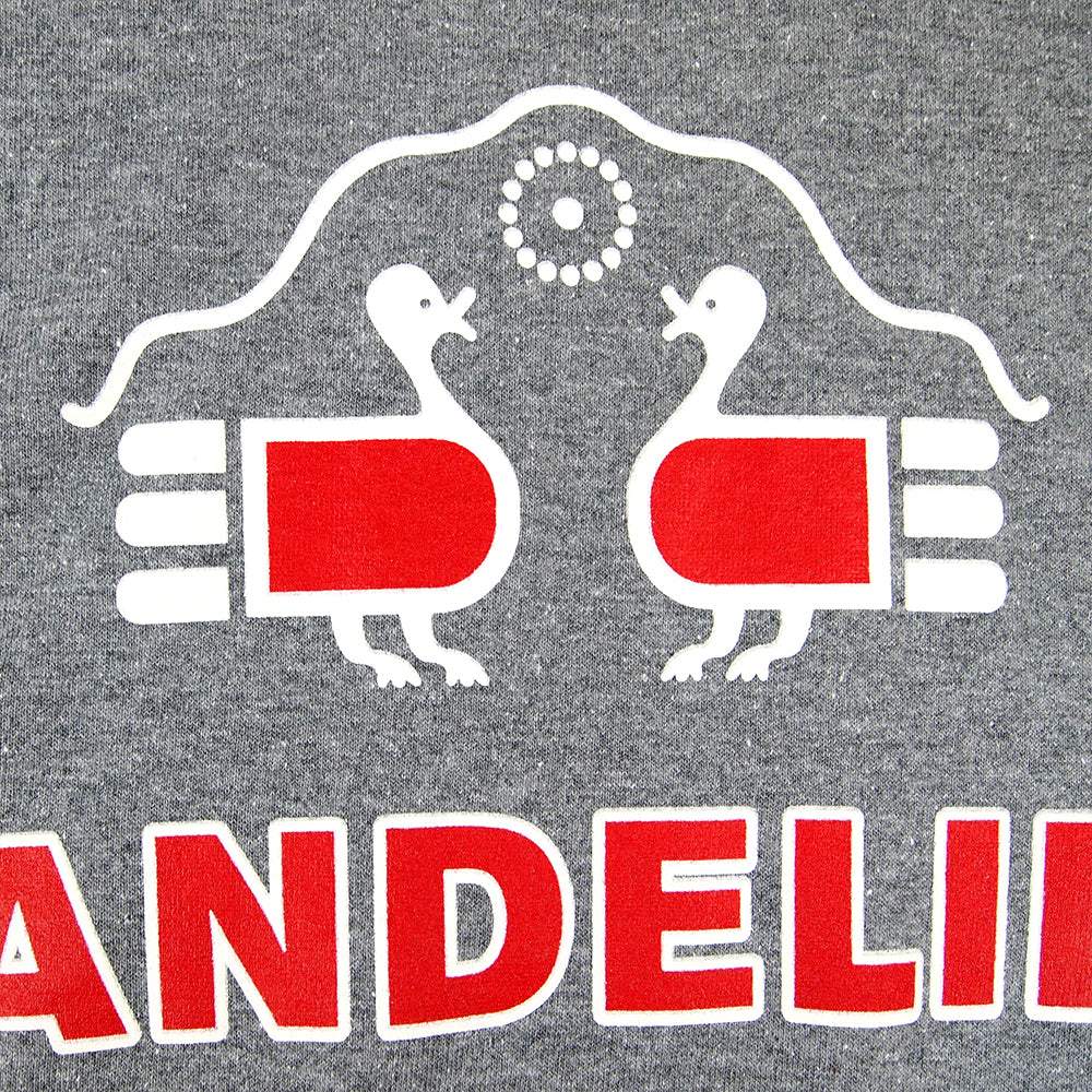 Gray T-shirt with red and white graphic design featuring two turkeys