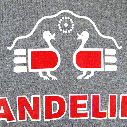 Gray T-shirt with red and white graphic design featuring two turkeys