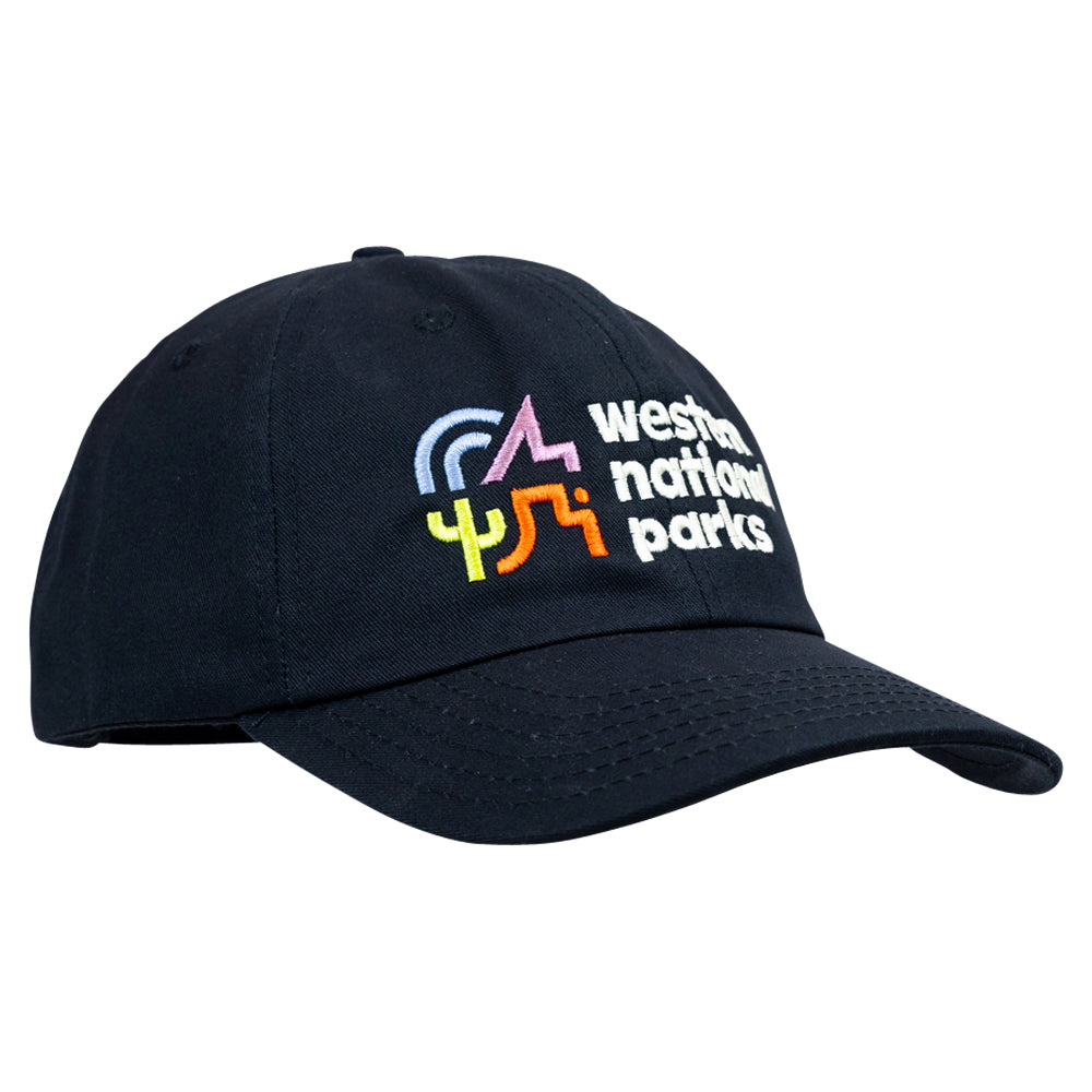 Black cap with 'Western National Parks' logo quarter turn left on a white background