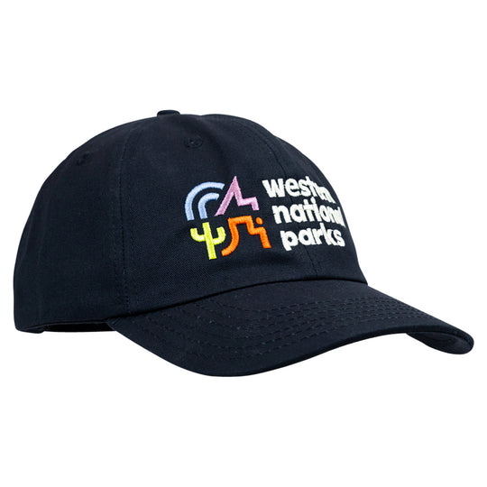Black cap with 'Western National Parks' logo quarter turn left on a white background