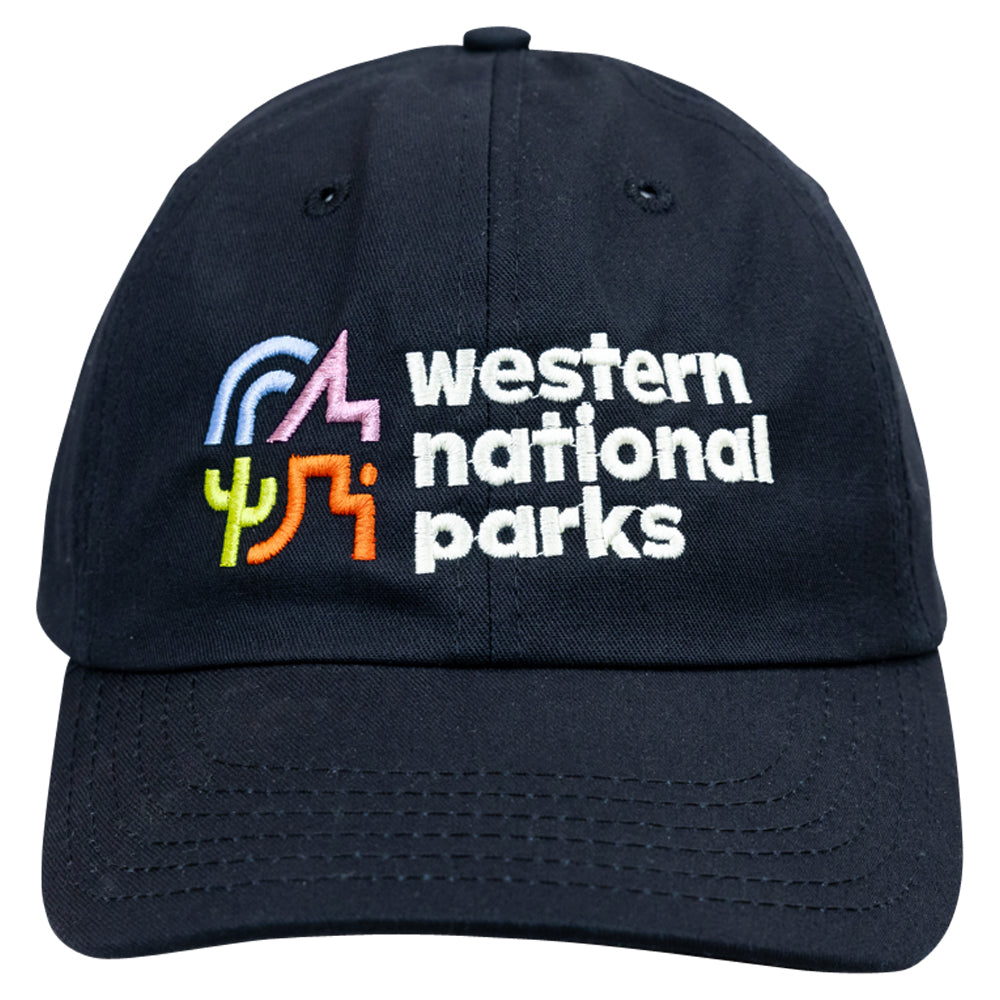 Black cap with 'western national parks' text and colorful graphics on a white background