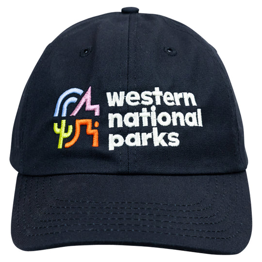 Black cap with 'western national parks' text and colorful graphics on a white background
