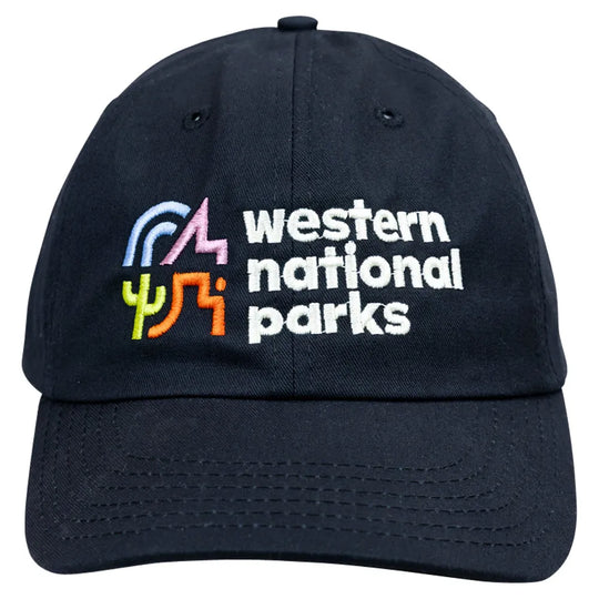 Black cap with 'western national parks' text and colorful graphics on a white background