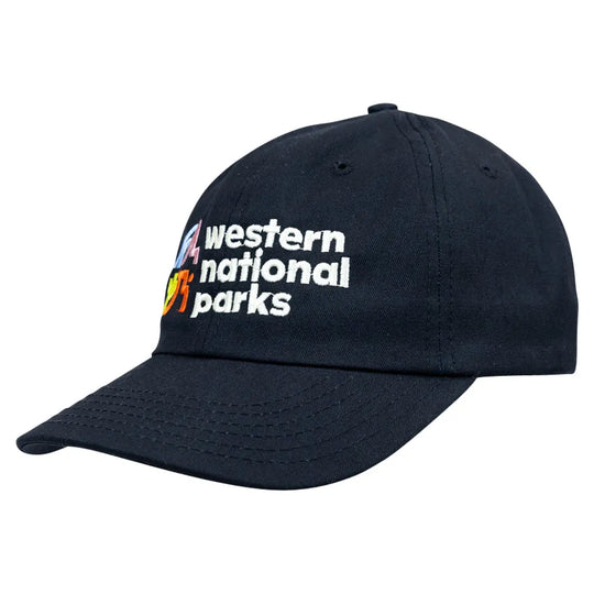 Black cap with 'western national parks' text quarter turn right on a white background