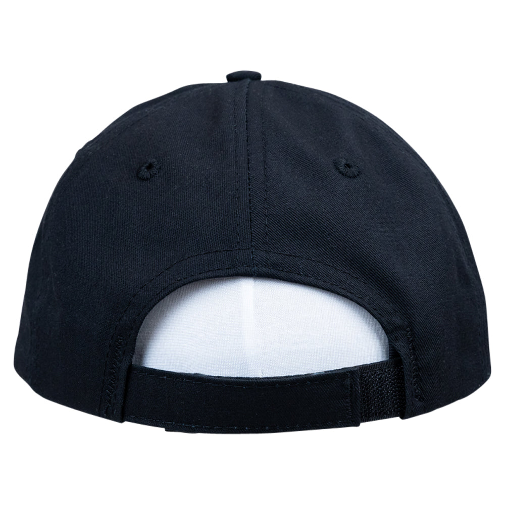 Back view of a black baseball cap on a white background