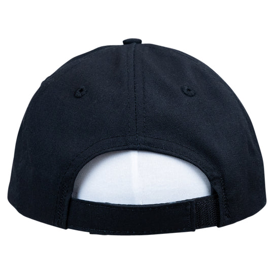 Back view of a black baseball cap on a white background