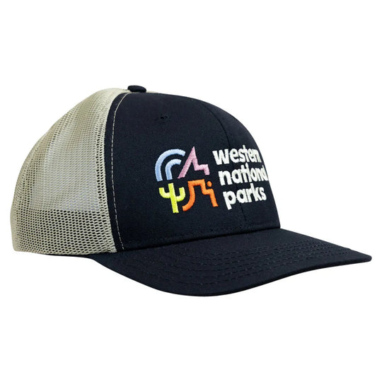 Black and beige mesh-back cap with 'Western National Parks' text and colorful logo on a white background