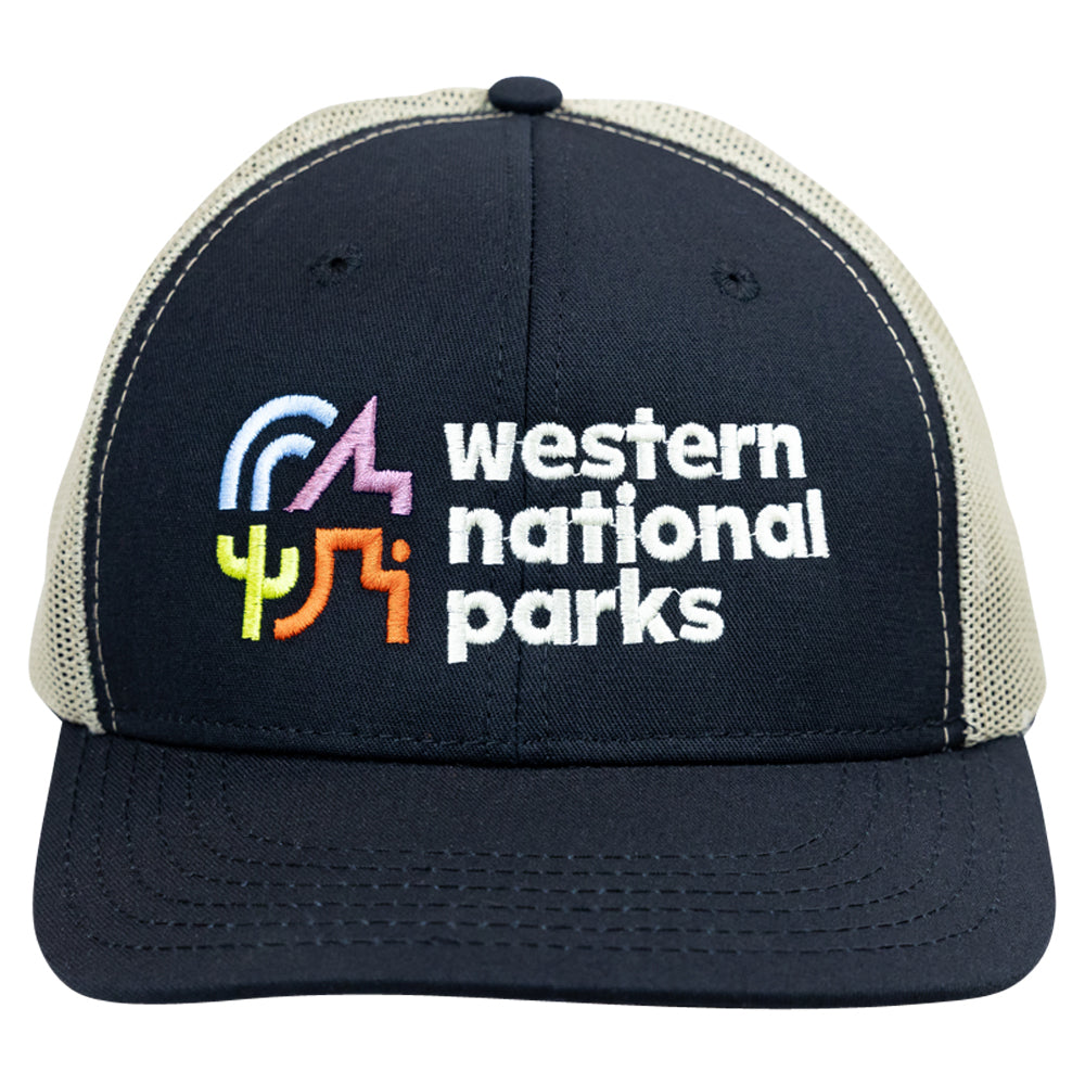 Black cap with 'western national parks' text and colorful logo on a white background