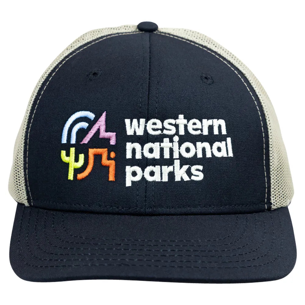 Black cap with 'western national parks' text and colorful logo on a white background