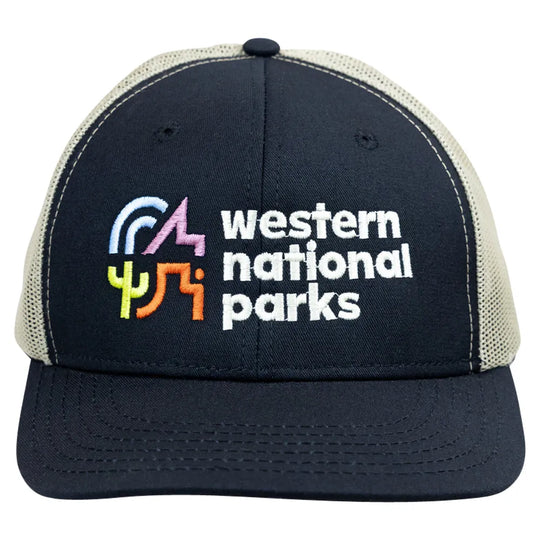 Black cap with 'western national parks' text and colorful logo on a white background