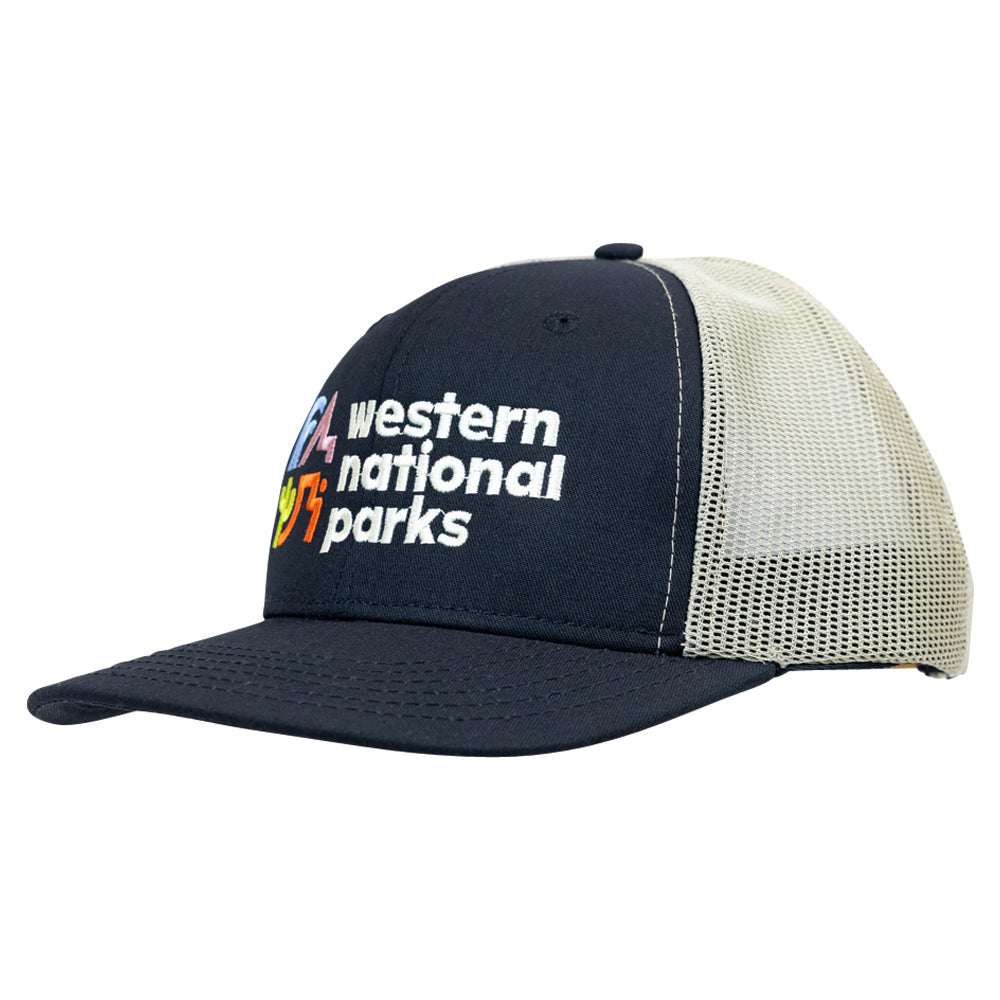 Black and beige mesh-back cap with 'western national parks' text on a white background