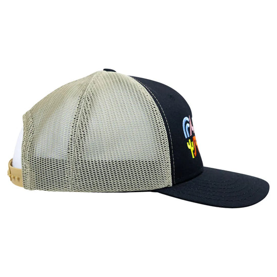 Trucker hat with mesh back and colorful logo on a white background