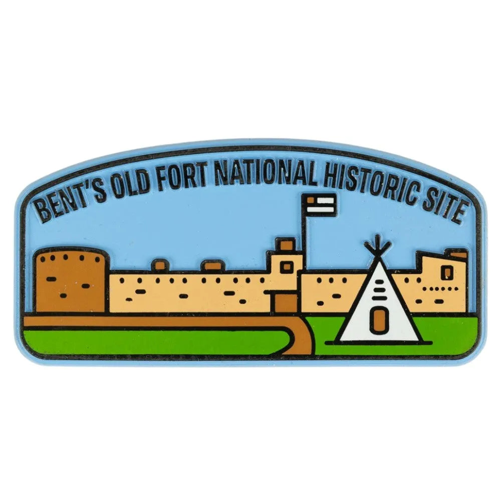 Logo of Bent's Old Fort National Historic Site with a fort and teepee illustration.