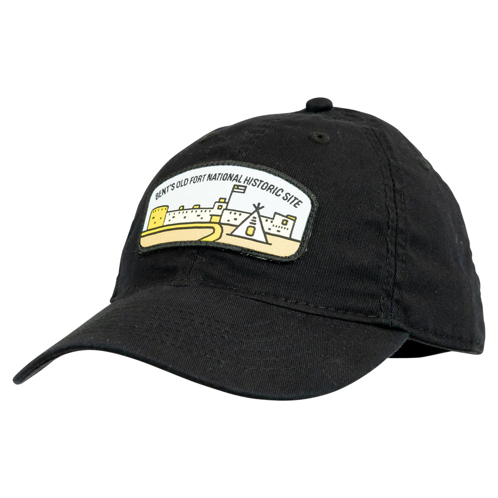 Black cap with a patch featuring a fort design and the text Bent's Old Fort National Historic Site on a white background