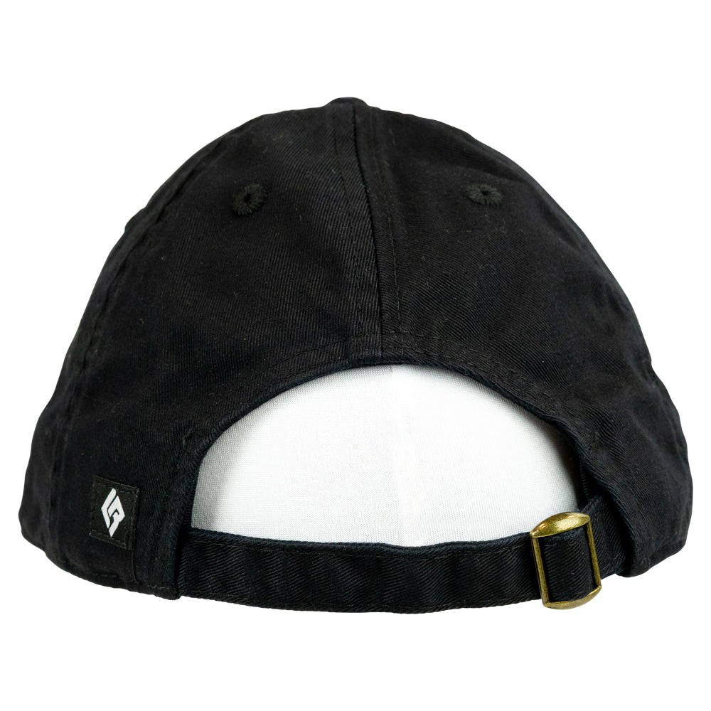 Black cap with a gold buckle on a white background