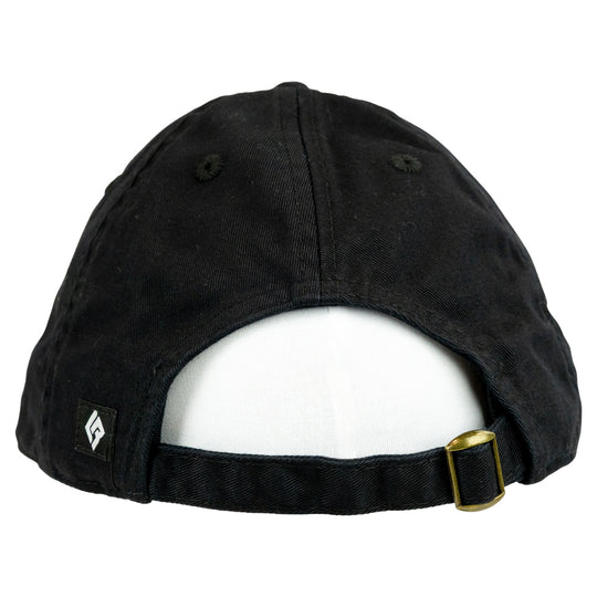Black cap with a gold buckle on a white background