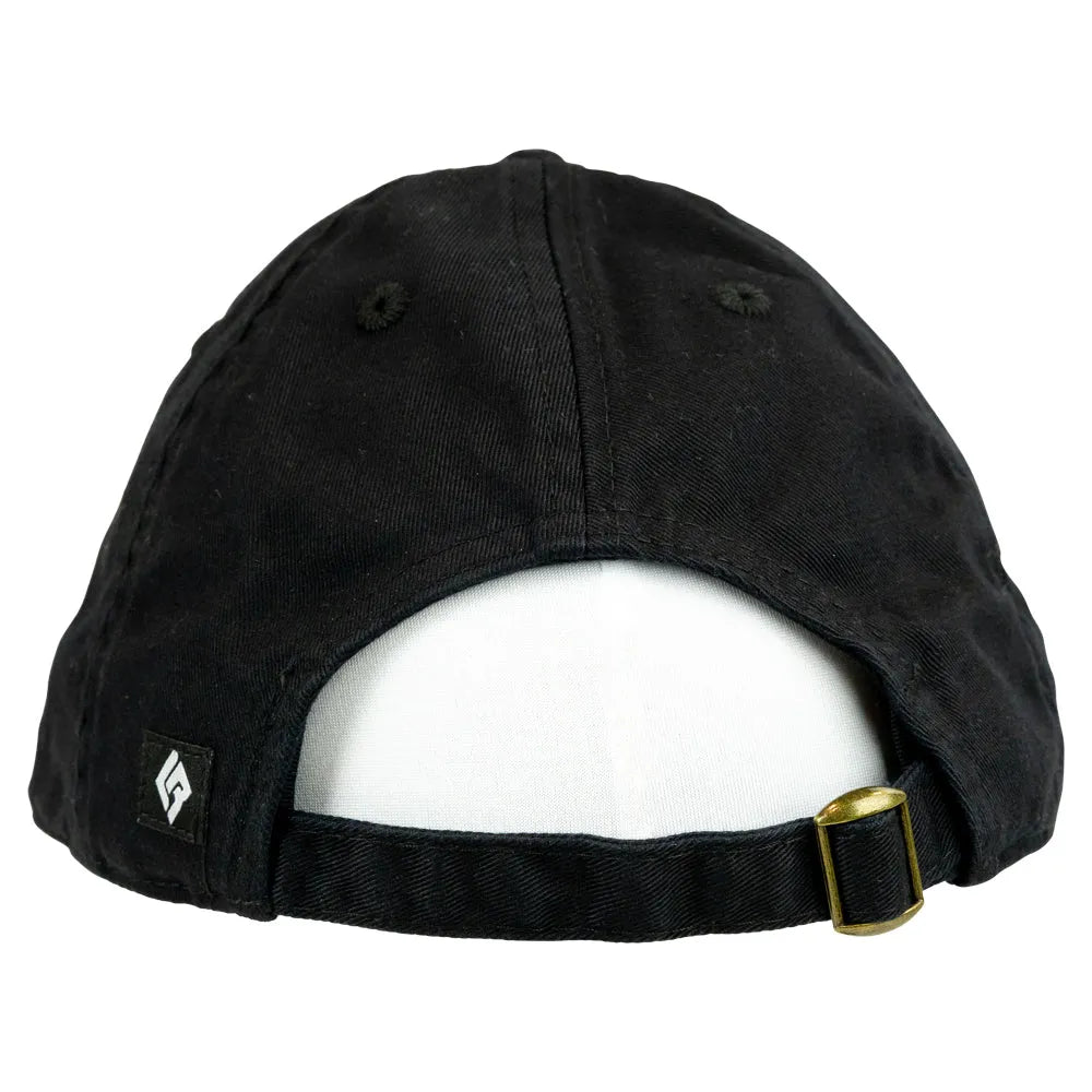 Black cap with a gold buckle on a white background