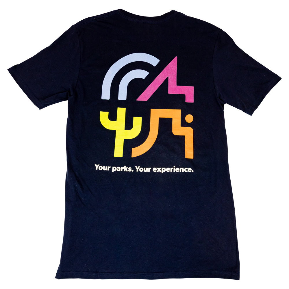 Back view of a navy blue Western National Parks T-Shirt with logo and catch phrase