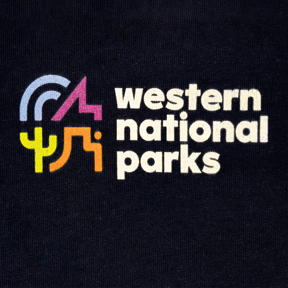 Front logo detail for Western National Parks on a navy blue T-shirt