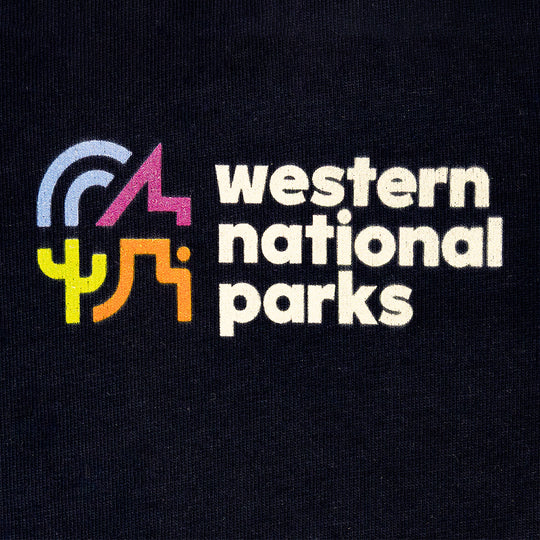 Front logo detail for Western National Parks on a navy blue T-shirt