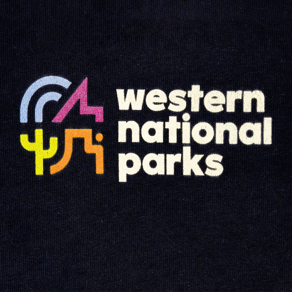 Front logo detail for Western National Parks on a navy blue T-shirt