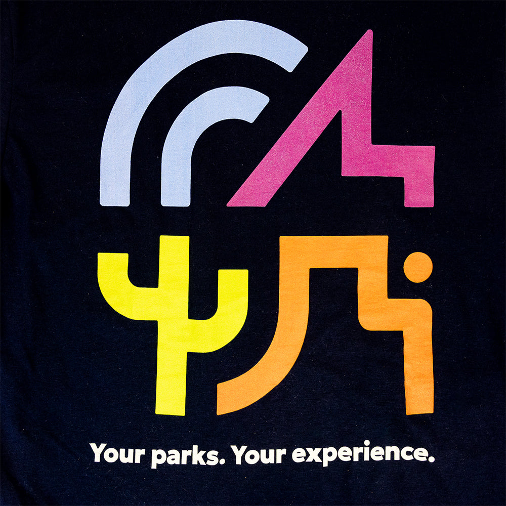 Back logo of navy blue Western National Parks tee with official logo and text 'Your parks. Your experience.'