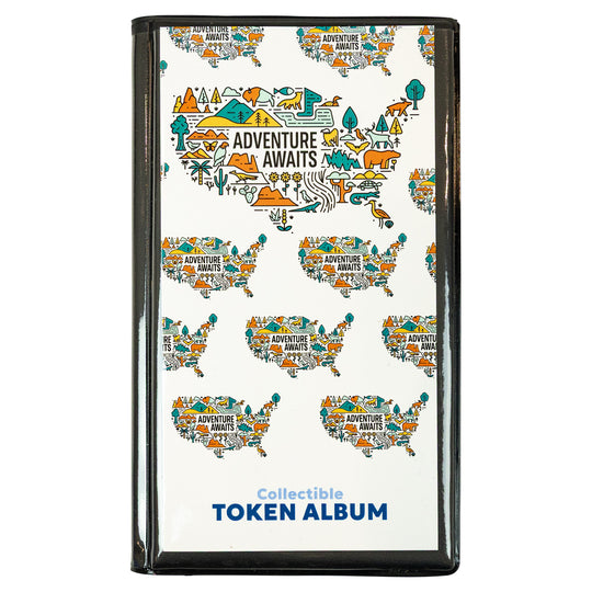 Collectible token album with world map design and 'Adventure Awaits' text on a white background.