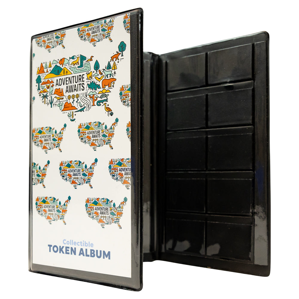 Collectible token album with world map design on the cover
