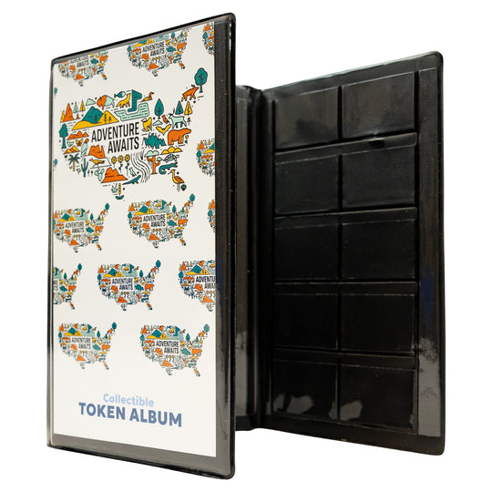 Collectible token album with world map design on the cover