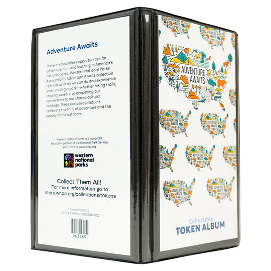 Collectible token album with map design and text on a white background